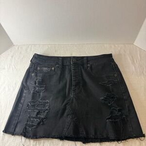 Vtg American Eagle Outfitters Black Distressed Denim Short Skirt Button Fly Sz 8